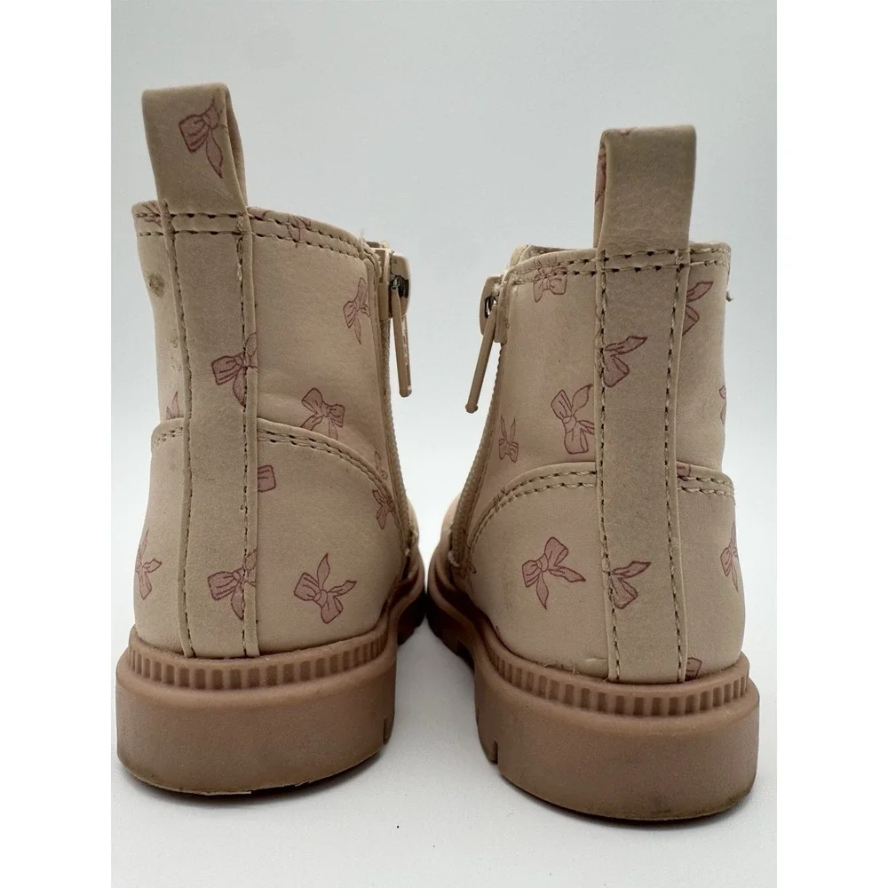 Toddler Girls Chelsea Boots Size 3 Pink Bow Print Side Zip Casual